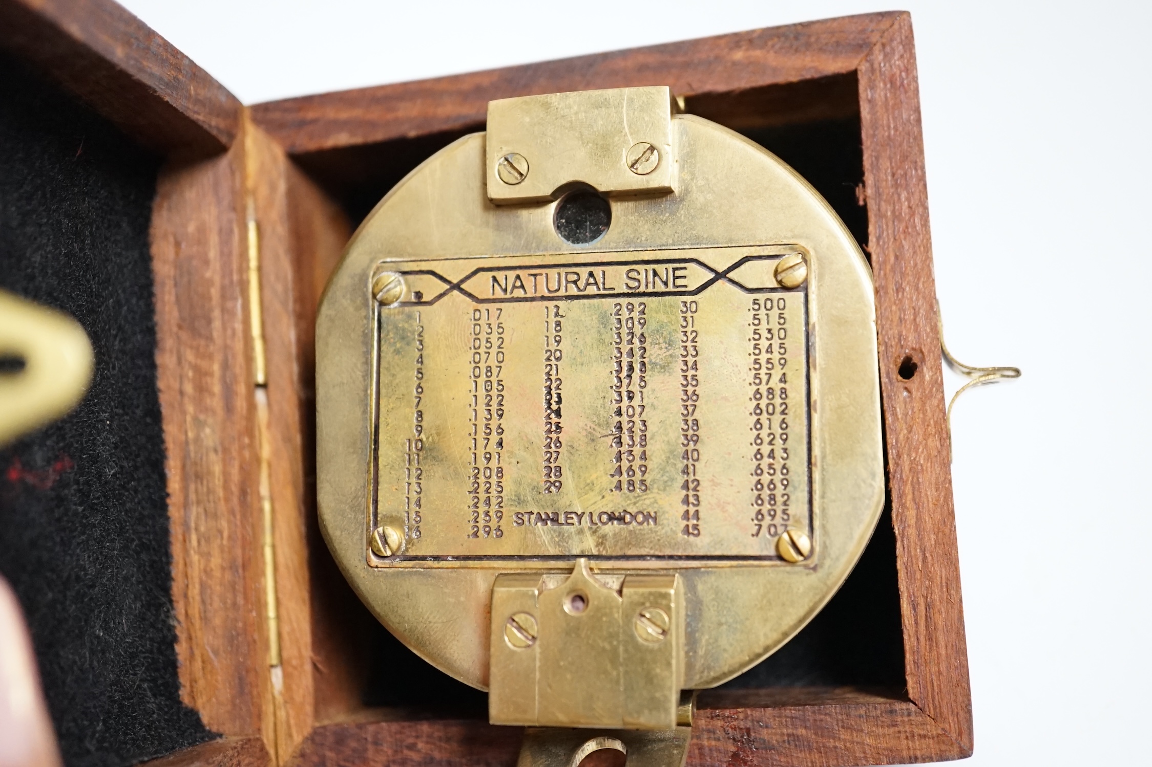 A gilt metal circular pocket barometer by Gallagher and Co., New Bond Street, London (lacks case) and a reproduction solid brass Brunton nautical compass in wooden box